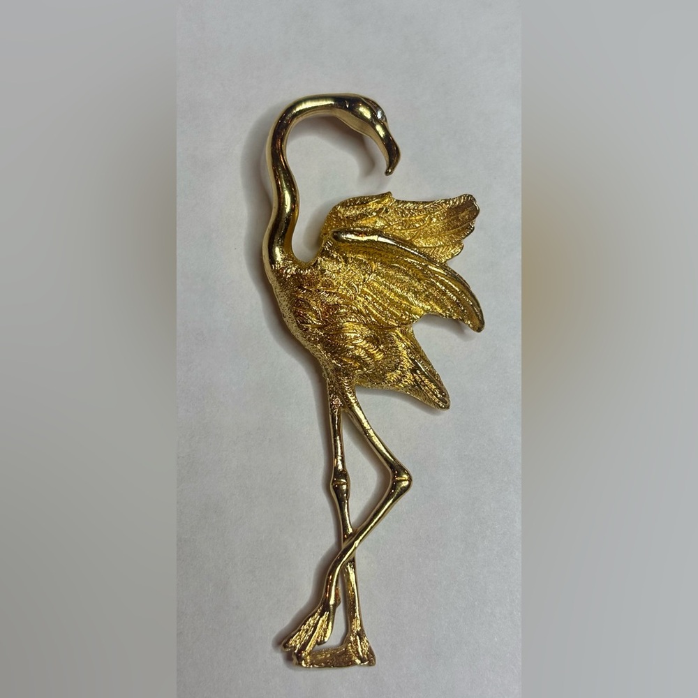Rare Vintage CHRISTIAN DIOR Gold Plated Crystal Flamingo Brooch Pin 1980’s